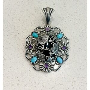 Rare Carolyn Pollack Sterling Sunflower Black Onyx Turquoise‎ Amethyst Pendant